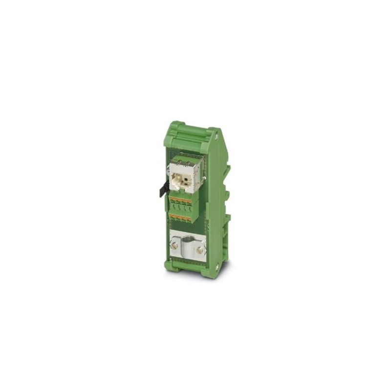 2901642 Phoenix Contact - FL-PP-RJ45-SCC Patch panel, one RJ45 socket to 8 spring-cage connection terminal blocks (1:1 assignment), CAT5e, 10/100/1000 Mbps, DIN rail mounting, IP20, option of shield contacting on DIN rail via jumpers