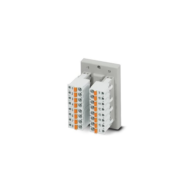 2903054 Phoenix Contact - Interface module - DFLK-D15 SUB/M/FKCT The VARIOFACE feed-through module implements a 1:1 connection between plug-in push-in spring-cage connection terminal blocks and a D-SUB miniature pin strip (number of positions: 15). A separate ground tap is available.