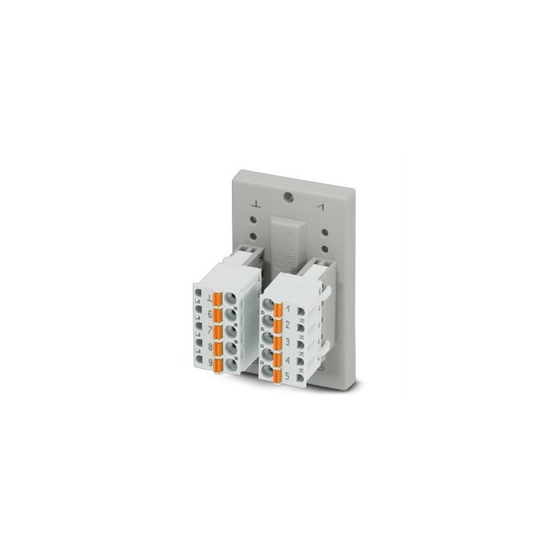 2903063 Phoenix Contact - Interface module - DFLK-D 9 SUB/F/FKCT The VARIOFACE feed-through module implements a 1:1 connection between plug-in push-in spring-cage connection terminal blocks and a D-SUB miniature socket strip (number of positions: 9). A separate ground tap is available.