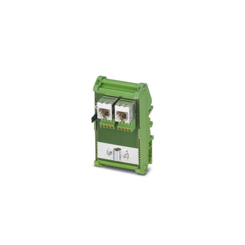 2903532 Phoenix Contact - Patch panels - FL-PP-RJ45-SCC/SC041 Cable sharing module, two RJ45 sockets with Ethernet assignment (cable outlet on the front) to 8 spring-cage connection terminal blocks, CAT5e, 10/100 Mbps, DIN rail mounting, IP20, option of shield contacting on DIN rail via jumpers
