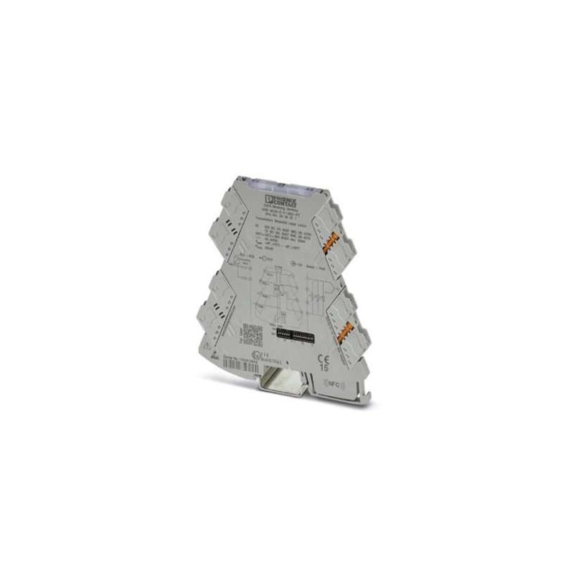 2906877 Phoenix Contact - Limit value switches - MINI MCR-2-T-2RO-PT Universally configurable temperature limit value switch with two transistor outputs for the connection of 2, 3, and 4-conductor resistance thermometers and thermocouples. Configurable via DIP switch or software, push-in connection technology