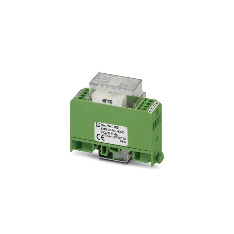 2940760 Phoenix Contact - Relay Module - EMG 22-REL/KSR-230/21/ SO46 Relay interfaces for protection against interference on the control side, with soldered-in miniature switching relay, contacts (Au): Medium to large loads, 1 PDT, 230 V AC input voltage