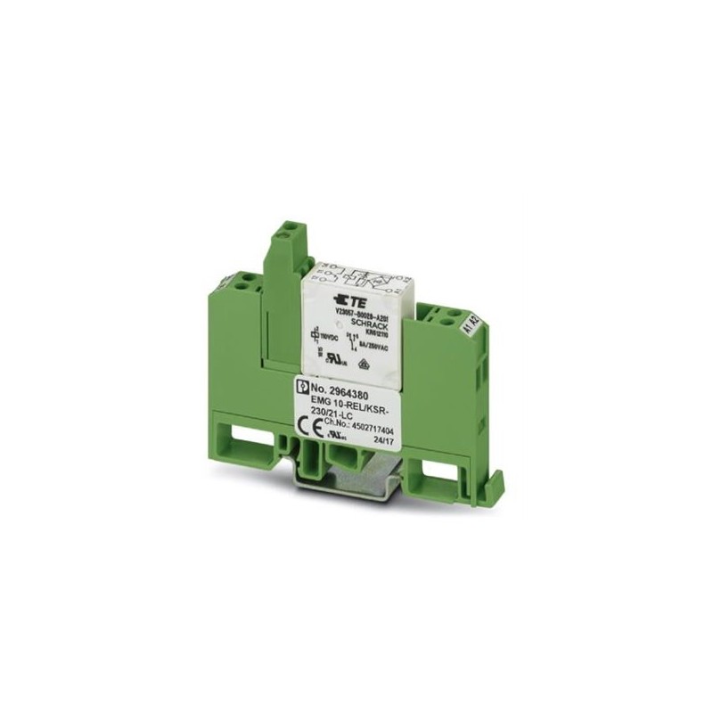 2964380 Phoenix Contact - Relay Module - EMG 10-REL/KSR-230/21-LC Relay module, with soldered-in miniature switching relay, contact (AgNi): Medium to large loads, 1 PDT, input voltage 230VAC/DC