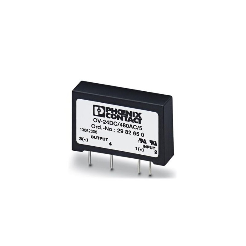 2982650 Phoenix Contact - Semi-conductor relay - OV-24DC/480AC/5 Solid-state relay, for signal amplification and isolation of the control and load circuits, can be plugged in the solderable plug-in bases SIM-AMS or with PCB connection for mounting directly onto the PCB, input: 4-32 V DC, output: 12-530 V AC/ 5 A