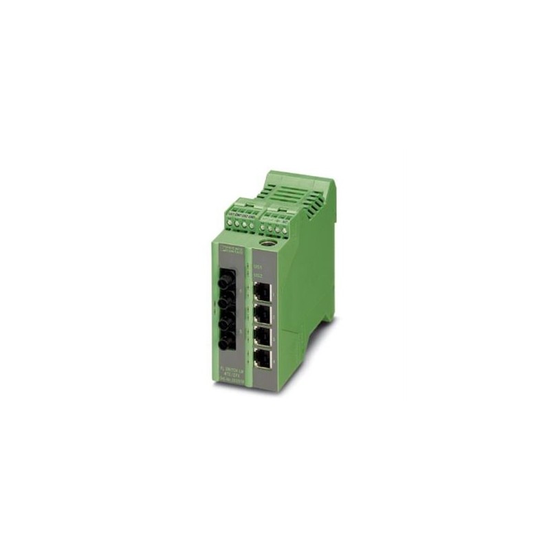 2989831 Phoenix Contact - Industrial Ethernet Switch - FL SWITCH LM 4TX/2FX ST-E Ethernet Lean Managed Switch with four 10/100 Mbps RJ45 ports and two 100 Mbps FX-ST multi-mode ports, preconfigured for EtherNet/IP
