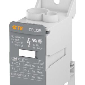 1SNL312510R0000 TE Connectivity Power Distribution Blocks, 1 Pole, 115 A Current Rating (UL), 8 Position, DIN Rail, -55 – 110 °C [-67 – 230 °F]