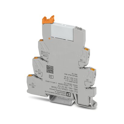 2910110 Phoenix Contact - PLC-RPT-230UC/21/SO46 PLC-INTERFACE with interference current and interference voltage protection on the control side, consisting of PLC-BPT.../21 basic terminal block with Push-in connection and plug-in miniature relay with power contact, 1 changeover contact, input voltage 230 V AC