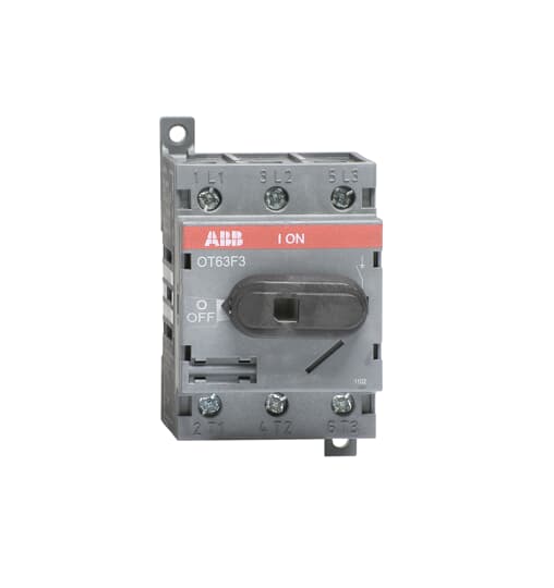 1SCA105332R1001 ABB - OT63F3 OT63F3 SWITCH-DISCONNECTOR. 3-pole, front operated, base mounted, DIN-rail mountable switch-diconnector / non-fusible diconnect switch with protected clamp terminals, handle and shaft are not included