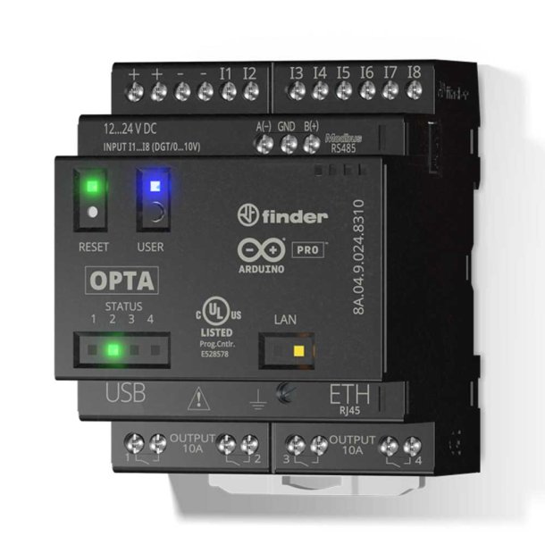 8A.04.9.024.8320 Finder Finder OPTA ADVANCE 8A.04.9.024.8320 Arduino® Pro Programmable Logic Relays (PLR) con 8 input e 4 output - Ethernet, ModBus TCP/IP, RS485 ModBus RTU, WiFi e Bluetooth BLE