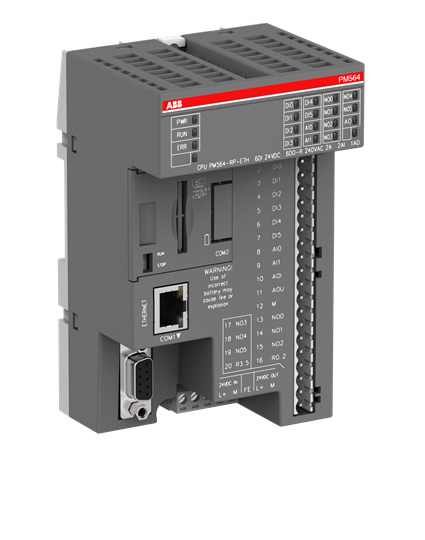 PM564-RP-ETH ABB - 1SAP121000R0071 AC500, Programmable Logic Controller, 128kB,6DI/6DO-R/2AI/1AO,24VDC, 1xRS485,2xOption Slot