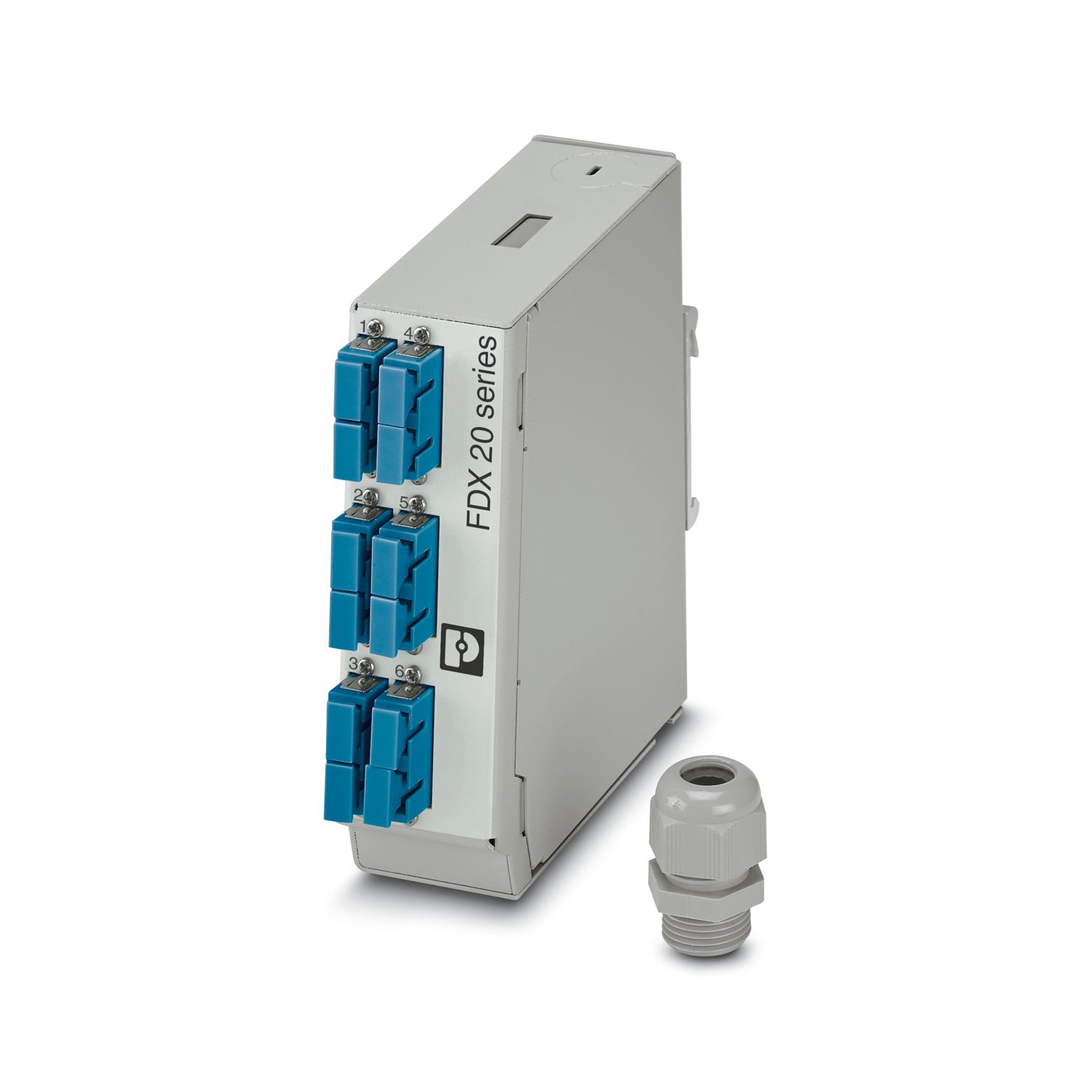 1084827 Phoenix Contact - FOC-FDX20-PP-SCD6-SM Distributor, design: Rail-mountable module, degree of protection: IP20, material: Metal, connection method: Splicing, cable outlet: above and below, housing size: 1, color: gray