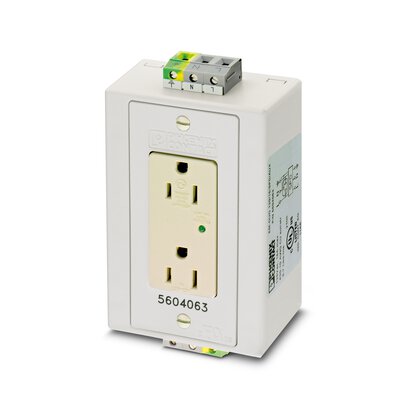 5604063 Phoenix Contact - EM-DUO 120/15/SPD/AUX Rail-mounted dual power outlet with two 120 V AC/15 A receptacles equipped with transient voltage surge suppression (TVSS) for 35 mm DIN rail per EN 60715. The outlet protects laptops, instrumentation, and other sensitive 120 V AC-powered equipment from damage caused by transients on the branch circuit. Terminal block allows connection and surge protection of auxiliary devices.Housing color: ivory. National version: USA. Connection type: screw.