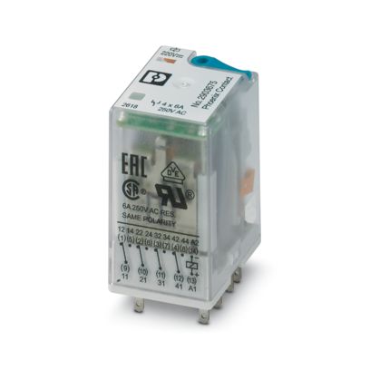 2903675 Phoenix Contact - REL-IR4/LDP-220DC/4X21AU Plug-in industrial relay with power contacts and additional hard gold plating, 4 changeover contacts, test button, status LED, freewheeling diode, mechanical switching position indicator, polarity: A1+, A2-, coil voltage: 220 V DC