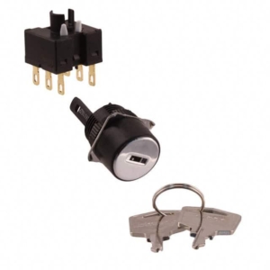 A165K-A3MC-2 Omron Cylindrical (16 mm dia.), Square, IP65 oil-resistant type, 3 notches, Key release position: Center, DPDT, Solder terminal, Reset system: Manual