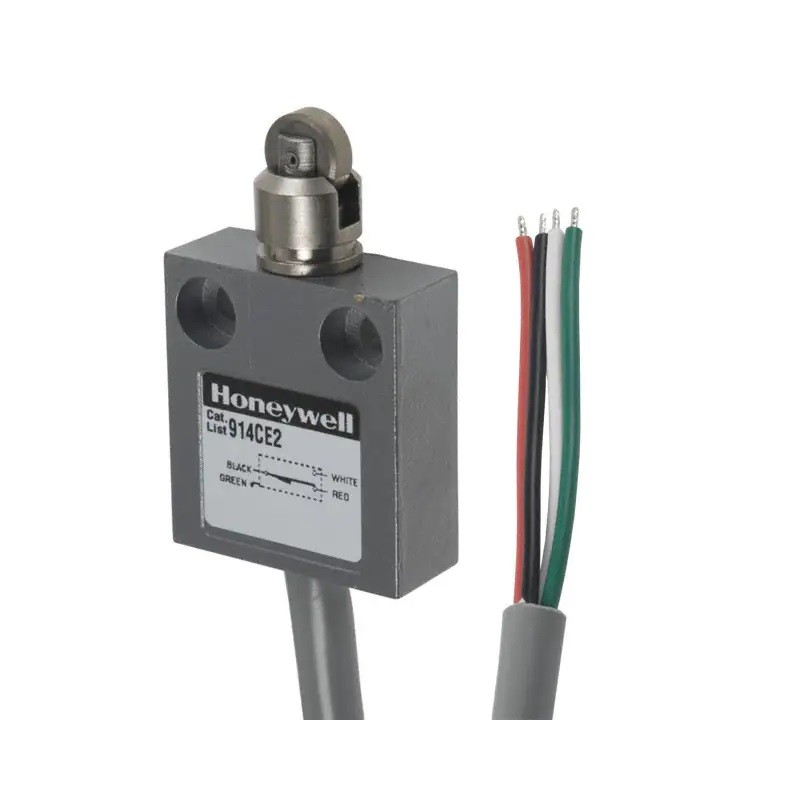 914CE2-9 Honeywell Limit Switch, Compact Precision, Series: 914CE, 240 VAC, 5 A, 200/20 Hz Frequency, 1/10 hp Power, 1NO-1NC/SPDT Contact Configuration, 1 Pole, Snap Action, Roller Top Plunger Actuator, Pre-Wired Cable Connection, NEMA 1/2/3/3R/4/6/6P/13/IP66/IP67/IP68 Enclosure