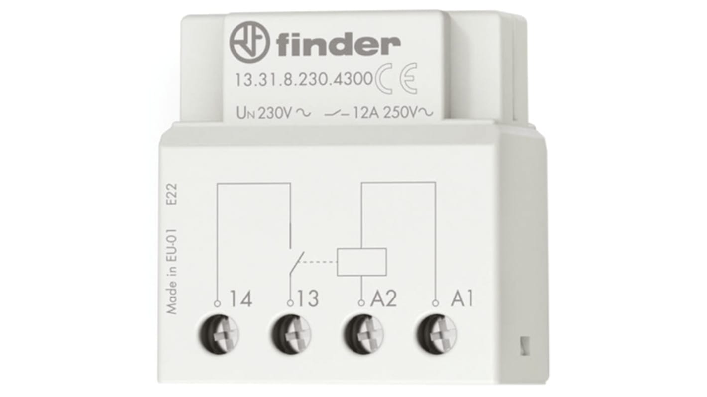 13.31.8.012.4300 Finder 13 Series Relay monostable Standard, 12 V, 1 contact, 10 A, AgSnO2, Relay monostable, mounting as a false pole, AC 5060Hz, NO