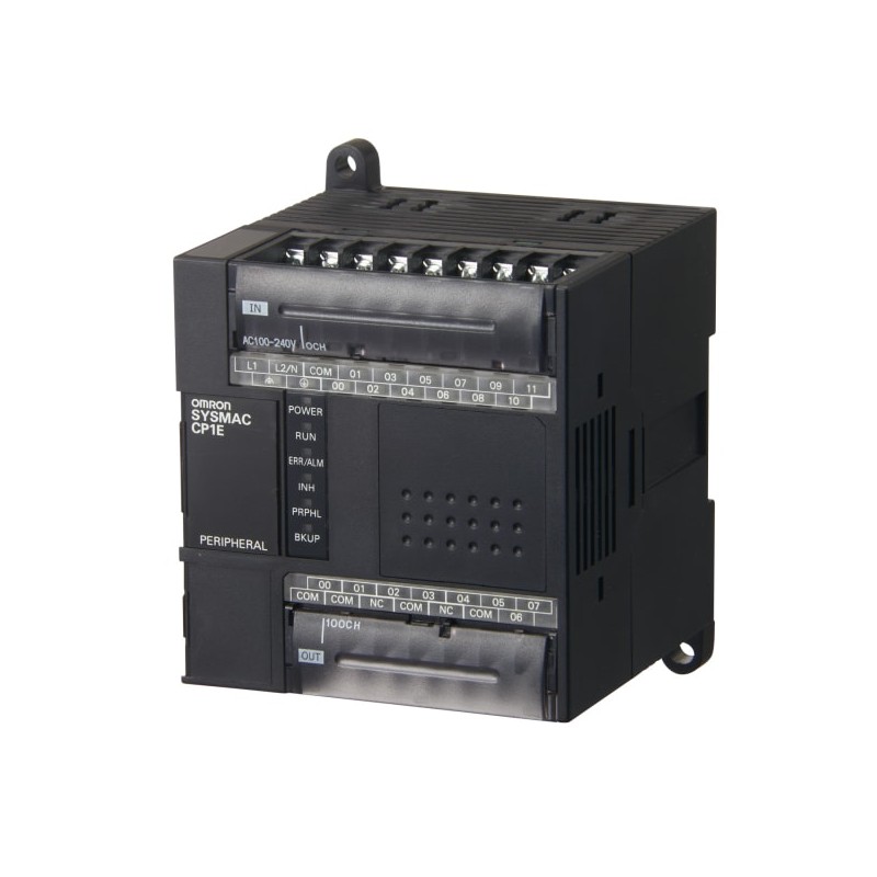 CP1E-E20DR-A Omron PLC, 100-240 VAC supply, 12 x 24 VDC inputs, 8 x relay outputs 2 A, 2K steps program + 2K words data memory
