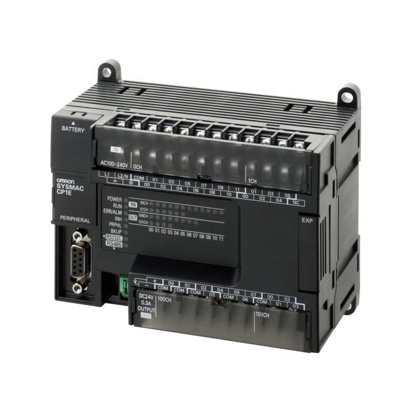 CP1E-N30S1DR-A Omron PLC, 100-240 VAC supply, 18 x 24 VDC inputs, 12 x relay outputs 2 A, 8K steps program + 8K words data memory, RS-232C and RS-485 (half-duplex) port