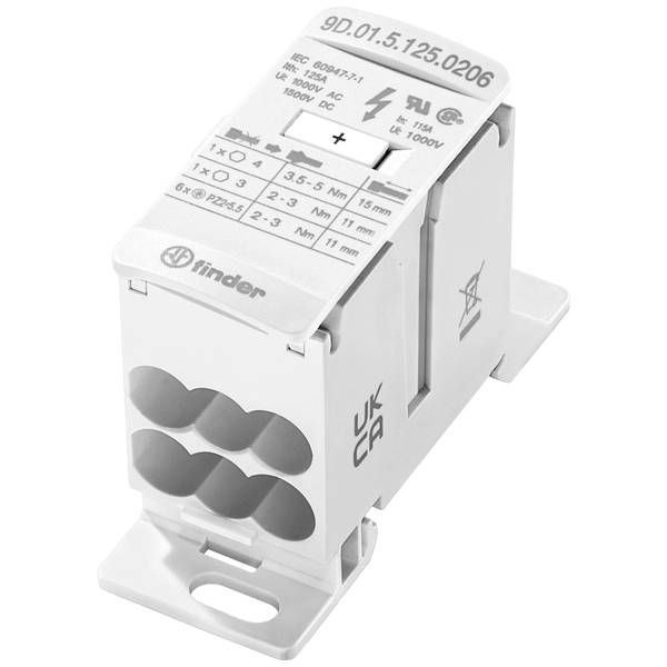 9D.01.5.125.0206 Finder Finder 9D.01.5.125.0206 Distributor White 8-pole 16 mm 125 A 1000 VAC, 1500 VDC Conductor type L, N, PE