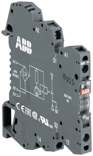 1SNA645572R0000 ABB - RBR121G-24VDC The RBR121G-24VDC is a boxed interface relay with spring terminals, which can be seemlessly snap-on mounted onto a DIN Rail. The relay is soldered into device housing, ensuring a high resistance against vibrationand this is further enhanced by the spring terminals which improve contact reliability by automatically adjusting the tension to the wire gauge.This relay operates with a 24 V DC rated control supply voltage and has a 1 c/o (SPDT) output with gold-plated contacts rated at 250 V / 6 A. This 6mm wide boxed interface relay may be used for electrical isolation, amplification and signal matching and enables the switching of high currents on a small footprint. It has an integrated LED, which provides the visual indication of the energization of the relay coil and UL 94-V0 certified device housing, improving safety by providing high levels flame retardation. Jumper bars are available as accessories.