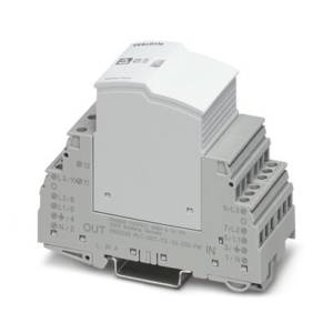 2905230 Phoenix Contact - PLT-SEC-T3-3S-230-FM Plug-in device protection, according to type 3/class III, for 3-phase power supply networks with separate N and PE (5-conductor system: L1, L2, L3, N, PE), with integrated surge-proof fuse and remote indication contact.