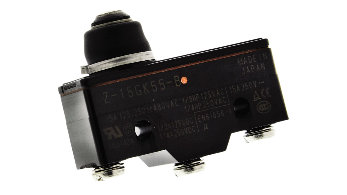 Z-15GK55-B Omron Spring plunger, General load General type, Drip-proof type, SPDT, Rated through current 15 A, Screw terminal (M4)
