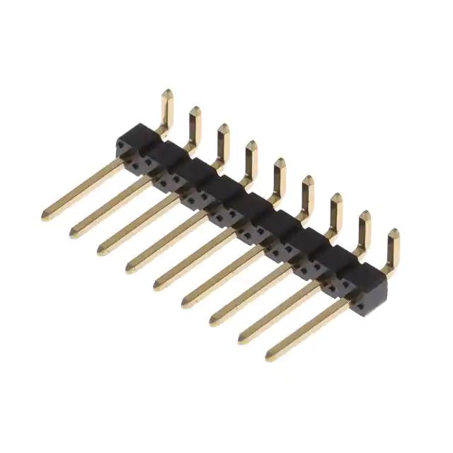 10129379-909004BLF Amphenol 2.54mm, Board to Board Connector, Unshrouded Right Angled Header, Through Hole, Single Row, 9 Positions, 2.54 mm (0.100in) Pitch.