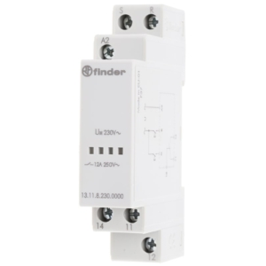 13.11.8.230.0000 Finder Series 13 - Standard electronic pulse relays, 230...240 V, 1 contact, 12 A, modular bistable, 35 mm bar mounting (EN 60715), 17.5 mm width, AC (50/60hz)