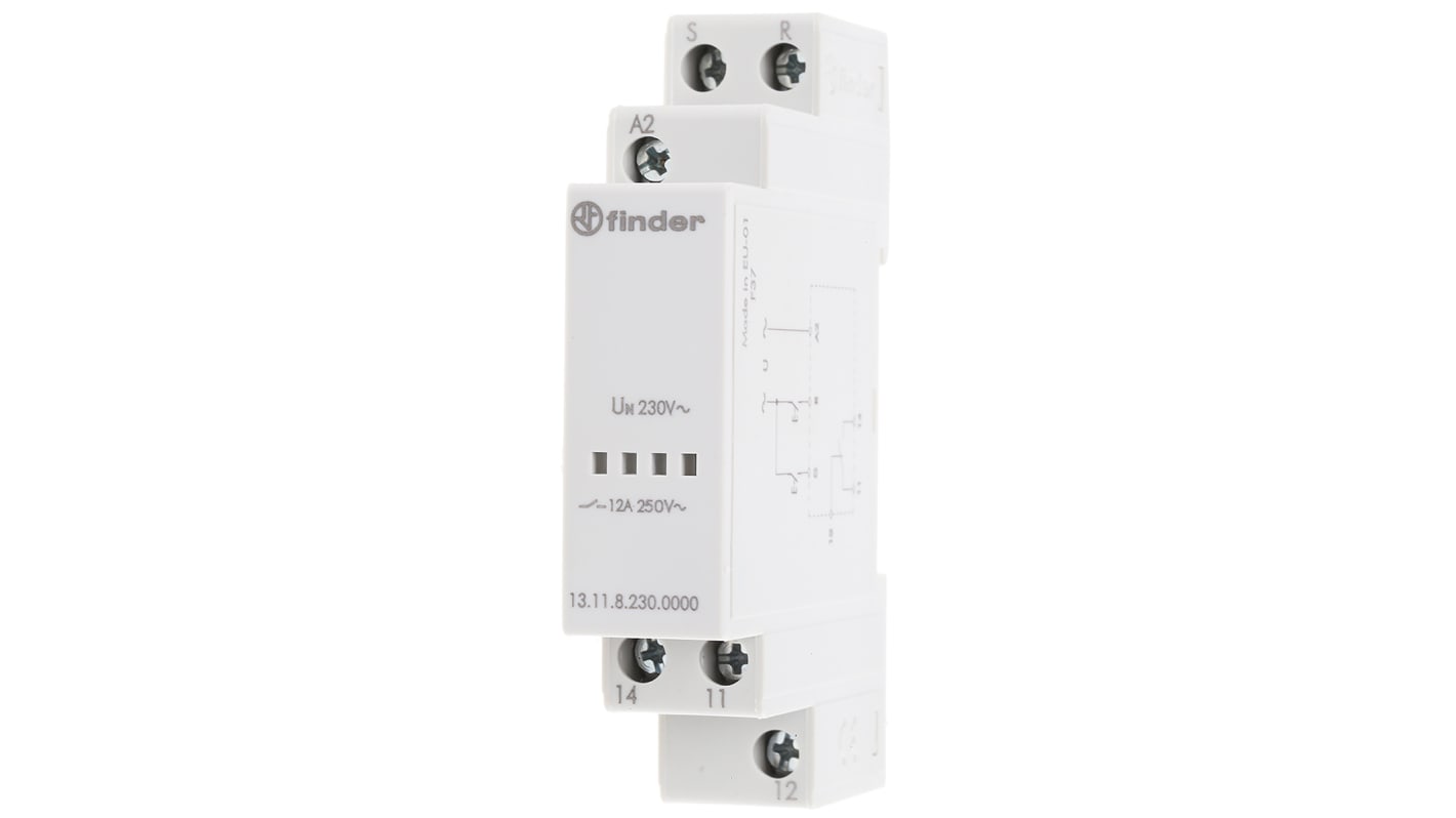 13.11.8.230.0000 Finder Series 13 - Standard electronic pulse relays, 230...240 V, 1 contact, 12 A, modular bistable, 35 mm bar mounting (EN 60715), 17.5 mm width, AC (50/60hz)