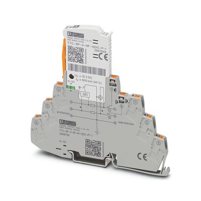 2906756 Phoenix Contact - TTC-6P-3-HF-M-12DC-PT-I Surge protection, consisting of protective plug and base element, with integrated status indicator and knife disconnection for three signal wires with common reference potential. For HF applications and telecommunications interfaces without supply voltage, Ex e approval for zone 2.