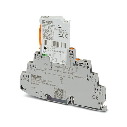 2906786 Phoenix Contact - TTC-6P-3-HF-F-M-12DC-UT-I Surge protection, consisting of protective plug and base element, with integrated status indicator and knife disconnection for three signal wires with common reference potential. For HF applications and telecommunications interfaces without supply voltage. Indirect grounding via gas discharge tube, Ex e approval for zone 2.