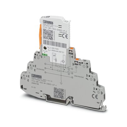 2906738 Phoenix Contact - TTC-6P-1X2-M-24DC-UT-I Surge protection, consisting of protective plug and base element, with integrated status indicator and disconnect knife for a 2-wire floating signal circuit, e.g., 0(4) ... 20 mA current loop, Ex e approval for zone 2, HART-compatible.