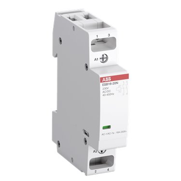 1SBE111111R0620 ABB ESB16-20N-06 The ESB16..N installation contactors are used to control single loads up to 16 A and can be operated by AC or DC.These contactors are made for use in household applications as well as in industrial environments.The following benefits are provided:Hum-free operation, low power consumption and integrated overvoltage protection.Various contact combinations and accessories are available.