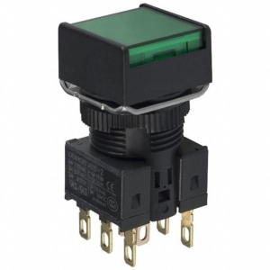 A165L-AGA-T1-2 Omron Cylindrical (16 mm dia.), Square 2-way guard, LED (with built-in reduced-voltage lighting function), Green, IP66 oil-resistant type, Lamp:110 VAC/VDC Green, Alternate, DPDT, Quick connect terminal / Solder terminal