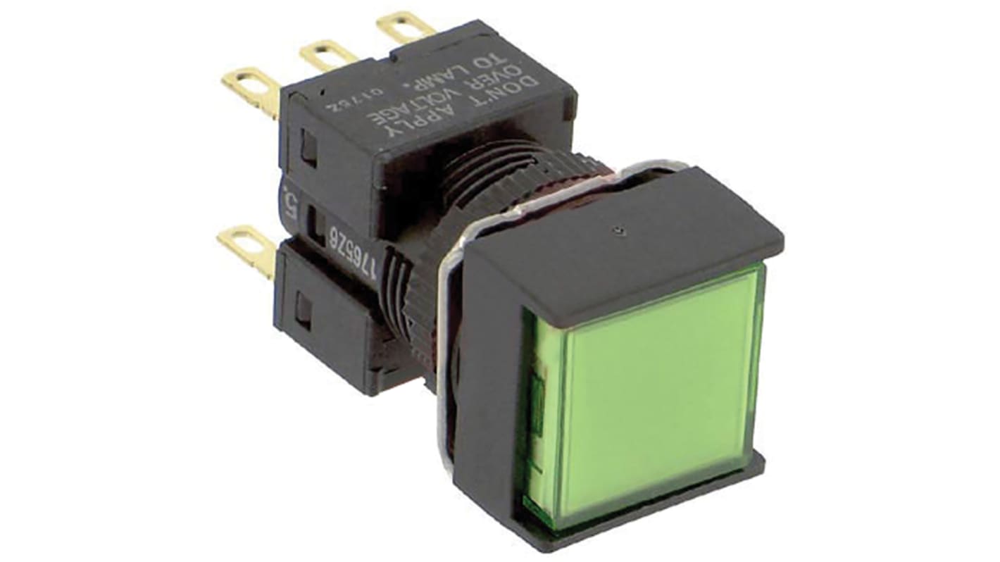 A165L-AGA-24D-2 Omron Cylindrical (16 mm dia.), Square 2-way guard, LED, Green, IP66 oil-resistant type, Lamp:24 VAC/VDC Green, Alternate, DPDT, Quick connect terminal / Solder terminal