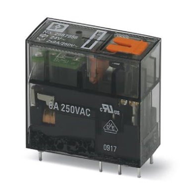 2987956 Phoenix Contact - REL-MR- 24AC/21-21/MS Plug-in miniature relay, with power contact, 2 PDTs, test button, mechanical switch position indicator, status LED, input voltage 24 V AC