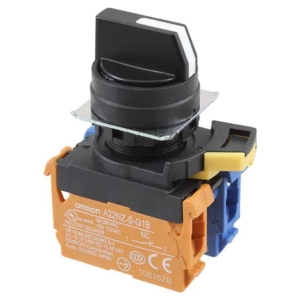 A22NS-2BL-NBA-G102-NN Omron Cylindrical (22/25 mm dia.), Knob type, Black (Opacity), IP66;NEMA4X, NEMA13, Bezel material: Resin, 2 notches, SPST-NO+SPST-NC, Screw terminal (M3.5), Reset system: Left automatic