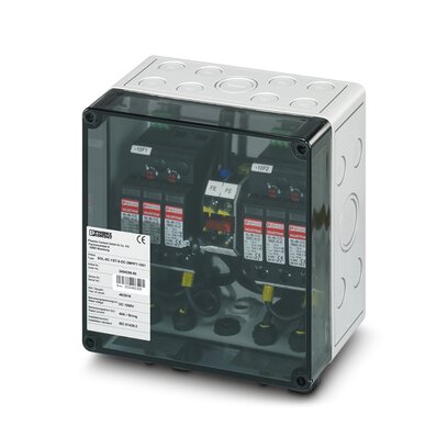 2403337 Phoenix Contact - SOL-SC-1ST-0-DC-2MPPT-2001 String combiner box for photovoltaic systems up to 1,000 V DC for connecting 2x 1 string. With surge protection (type 2) and SUNCLIX DC connectors for the input and output side (SUNCLIX mating connectors supplied as standard).