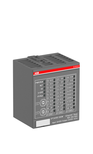 1SAP221000R0001 ABB - CI512-ETHCAT Interface module. EtherCAT slave. 8 DI: 24VDC. 8 DO: 24VDC 0.5A. 8 configurable DI/DO: 24VDC 0.5A. Cam switch functionality (CI512-ETHCAT)