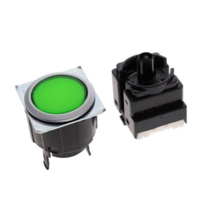 A3UL-TMG-1A2C-M Omron Round type, LED, Green (Transparent), IP40, Flange color: Metal, Lamp:5 VDC, DPDT, Connector