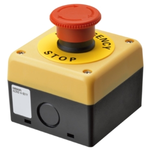 A22NE-M-P002-N-B Omron Omron A22NE series integrated emergency stop switch with control box. equipped with a rotary reset type activation method with a head diameter of 40 mm.