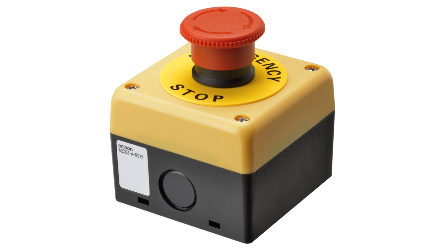 A22NE-M-P002-N-B Omron Omron A22NE series integrated emergency stop switch with control box. equipped with a rotary reset type activation method with a head diameter of 40 mm.