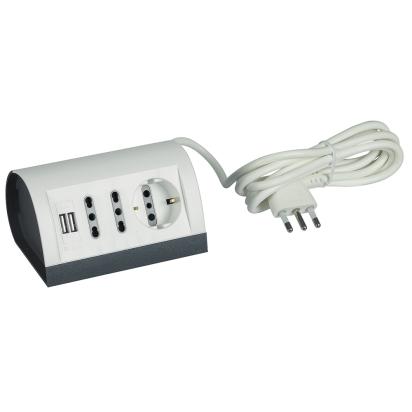 150462 BTicino Pre-wired desk multisocket with 2 two-pin 1016A outlets, one German P30 outlet and two USB outlets powered 5V 1.5A max, with 2 m cable, 250 Va.c. white