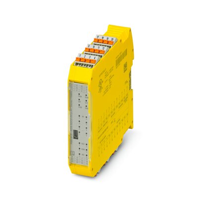 1104972 Phoenix Contact - PSR-M-B1-SDI8-SDO2-DO2-PI Configurable safety module (basic module), 8 safe inputs, 2 safe outputs, 2 reset inputs, 2 signal outputs, 4 clock outputs, can be extended via TBUS, up to SIL 3, Cat. 4/PL e, plug-in Push-in terminal block, TBUS connector not included