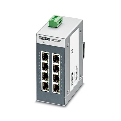 1071800 Phoenix Contact - FL SWITCH SFNB 8TX-PNE Ethernet switch, eight TP RJ45 ports, automatic detection of data transmission speed of 10 or 100 Mbps (RJ45), autocrossing function. The multicast filter will block PROFINET PTCP-Delay traffic. EtherNet/IP-based traffic will be prioritized over standard traffic.