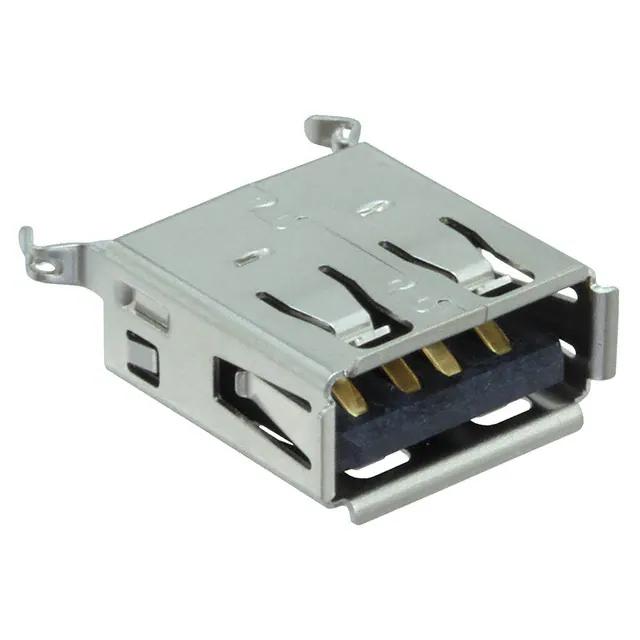 UE27AE5410H Amphenol USB 2.0, Type A, Receptacle, Vertical, 4 Pins, Shell Kink with Nickel Plating, 30μin Gold, Black High Temperature Housing,