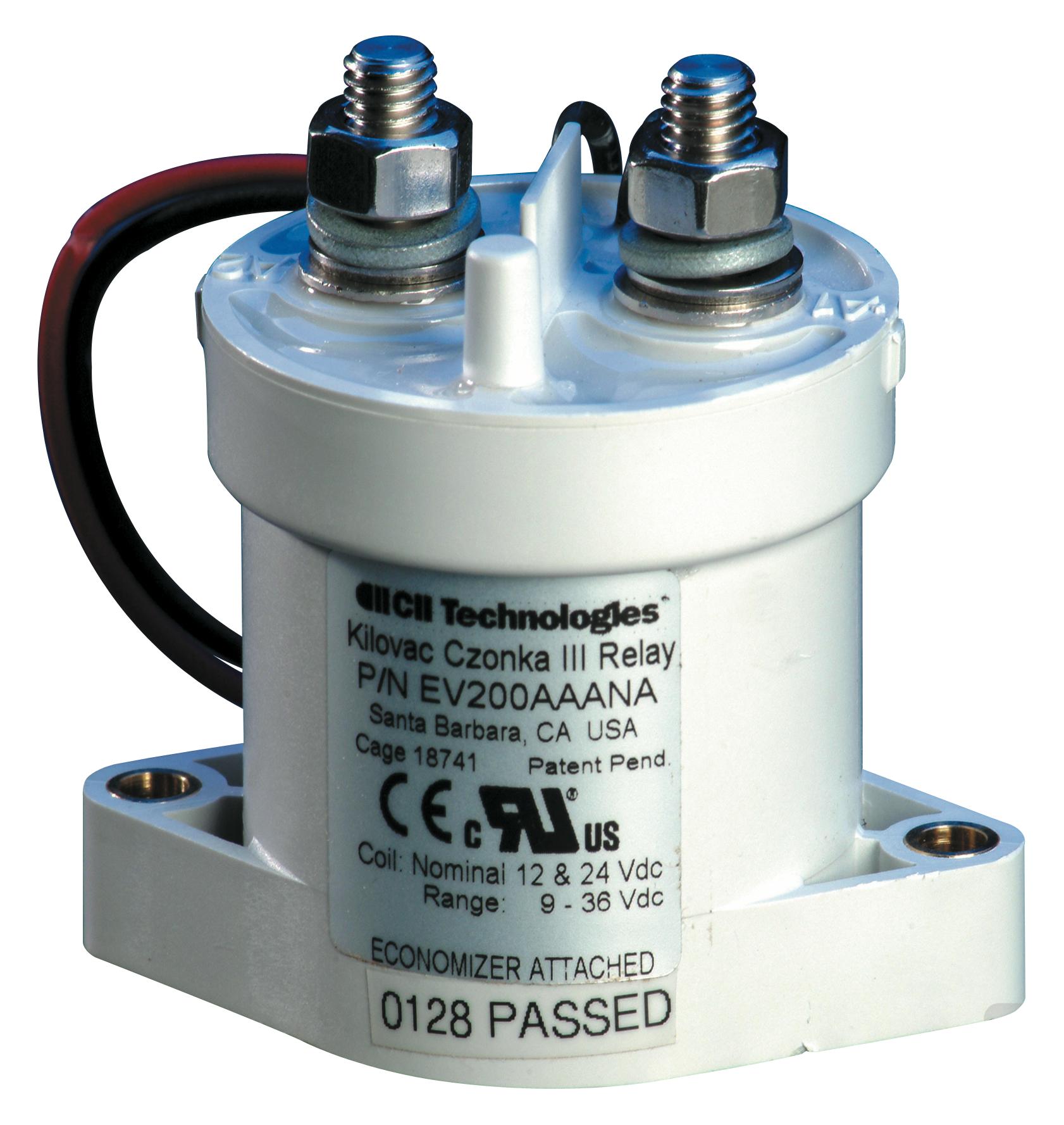 2-1618396-7 TE Connectivity High Voltage Relays, 12 – 900VDC Contact Voltage Rating, 1 Form X, SPST-NO, Flying Leads, Stud Terminals, External Economizer, Kilovac EV200; Alias: EV200GAANA EV200GAANA=RELAY, EV200 SPST-NO