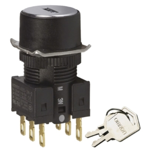 A165K-T3M-2 Omron Cylindrical (16 mm dia.), Round type, IP65 oil-resistant type, 3 notches, Key release position: Left side, Center, Right side, DPDT, Solder terminal, Reset system: Manual