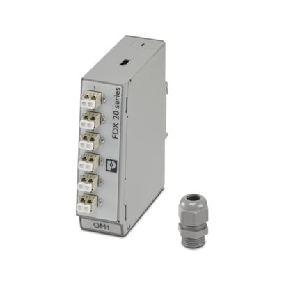 1343377 Phoenix Contact - FOC-FDX20-PP-LCD6-OM1-PT9 Splice box, design: Rail-mountable module, degree of protection: IP20, material: Metal, connection method: Splicing, cable outlet: above and below, housing size: 1, color: gray