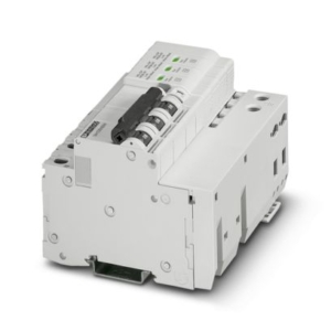 2882776 Phoenix Contact - VAL-CP-MCB-3C-350/40/FM Combination of type 2 surge protection and arrester backup fuse, with monitoring of arrester and arrester backup fuse, in combination with a status indicator and remote indication contact. Design: 4-conductor system (L1, L2, L3, PEN), mounting on NS 35 DIN rail
